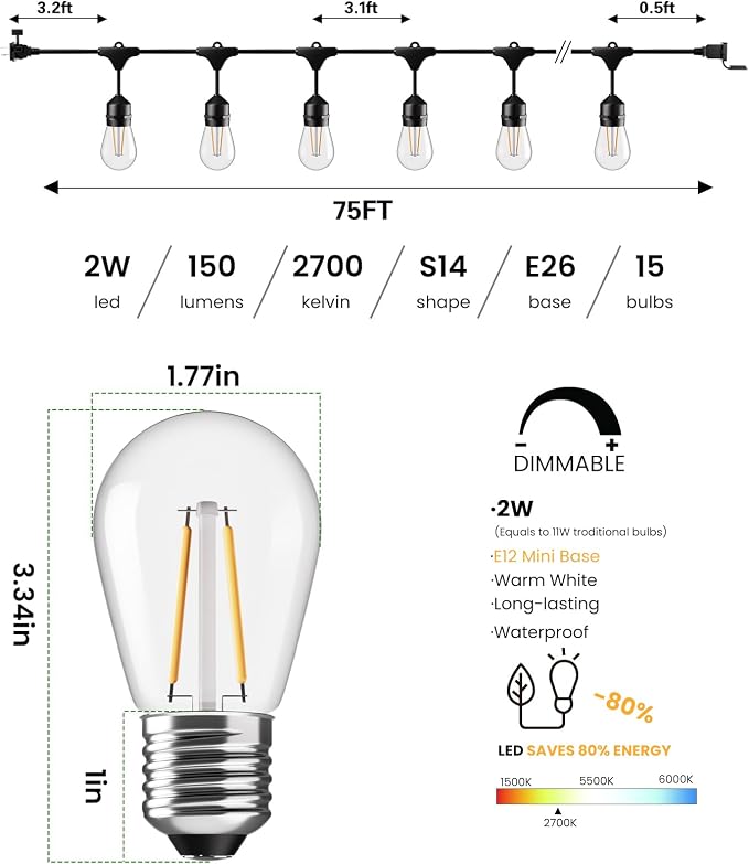 Svater 75 FT Outdoor String Lights 2W S14 LED Commercial Grade Waterproof | Patio Light for Outside, Antique Edison Bulbs, IP65 Hanging Bistro Cafe Market Lighting, ETL-Listed Dimmable Warm White