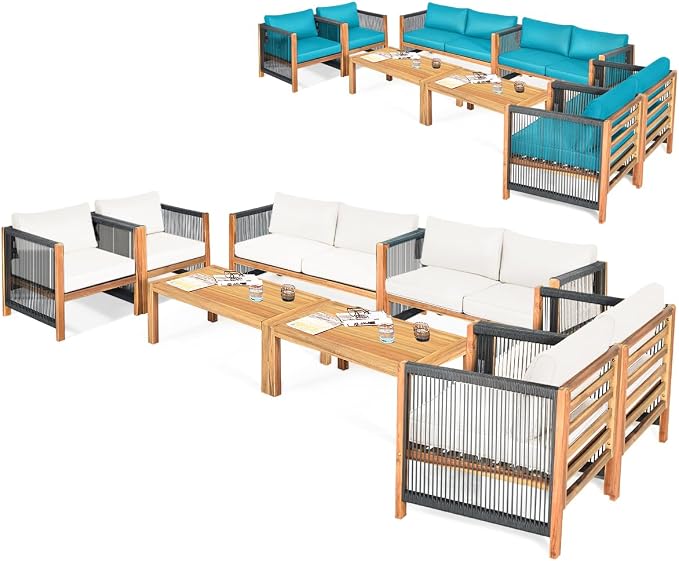 Tangkula Outdoor Wood Furniture Set with 2 Set Cushion Covers, 8 Pieces Cushioned Patio Conversation Set, for Garden Balcony Poolside Outdoor Living (2, WH-TU)