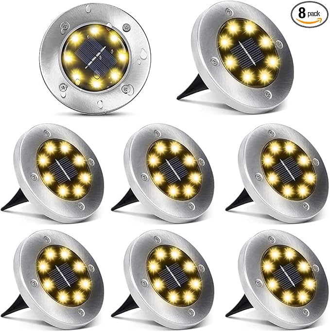 Aogist Solar Ground Lights, 8 LED Garden Disk Lights In-Ground Outdoor Landscape Lighting for Lawn Patio Pathway Yard Deck Walkway (Warm White, 8 Pack)