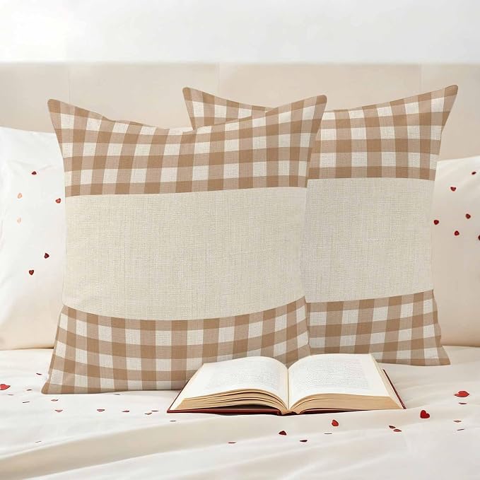 Retro Brown Outdoor Waterproof Pillow Covers, Farmhouse Buffalo Plaid Vintage Beige Decorative Square Throw Pillowcase Sofa Cushion Sham for Patio/Couch/Chair, 18"x18" 2 Pack