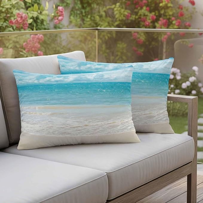 Yukro Coastal Ocean Outdoor Waterproof Pillow Covers Pack of 2, Ocean Waves Beach Sea Shore Throw Pillowcases Decorative Cushion Covers for Garden Patio Tent Sofa Couch, 20x12 inch