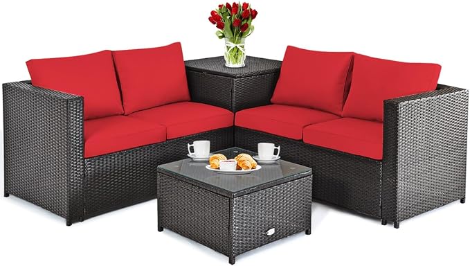 DORTALA 4-Piece Outdoor Patio Furniture Set, Weather Resistant PE Rattan Conversation Set with 2 Loveseats, Outdoor Sectional Sofa Set with Comfy Cushions for Garden and Poolside, Red
