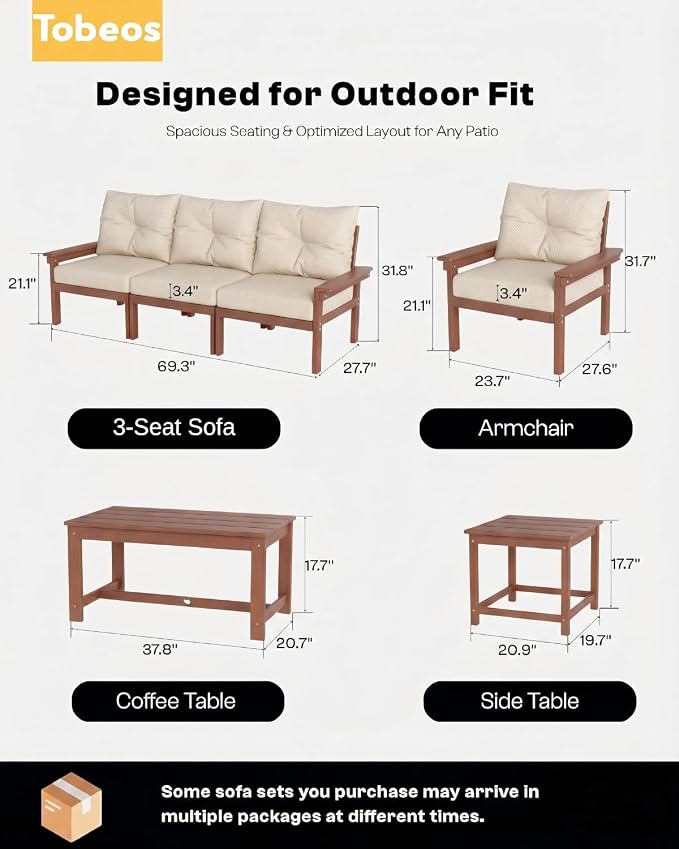 HDPE 7 Piece Patio Furniture Set, All-Weather Outdoor Couch Set with Thick Cushions & Table & Umbrella, Patio Conversation Sets for Lawn, Garden, Porch, Balcony, Deck, Poolside, Teak & Beige