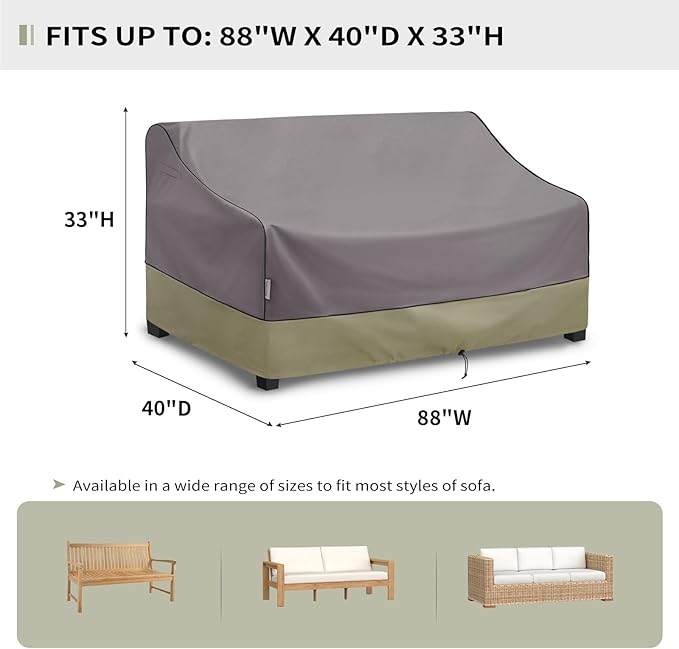 KylinLucky Large Waterproof Patio Sofa Cover 88 x 40 x 33 inches 600D, Heavy Duty 3-Seater Outdoor Couch Cover with Air Vent & Straps, Grey