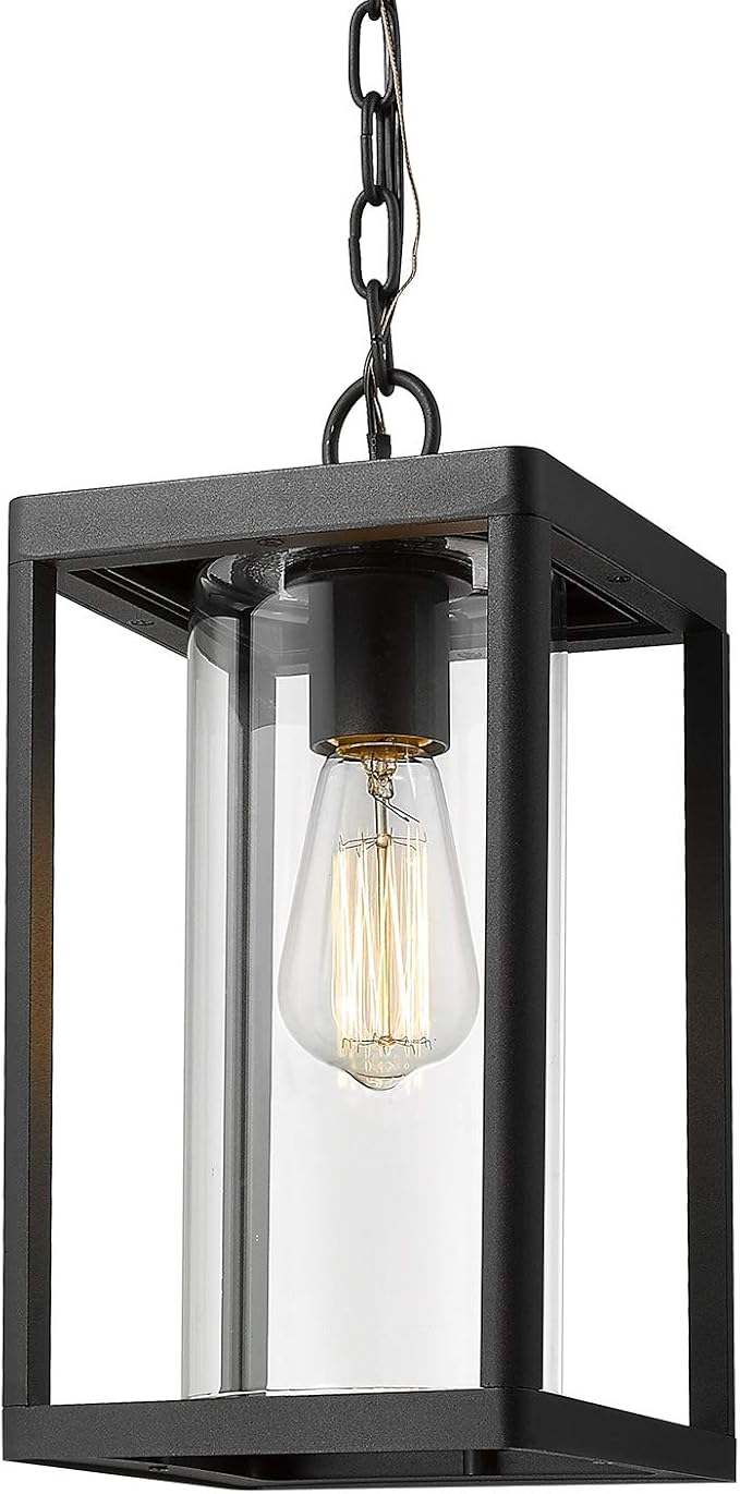 Beionxii Outdoor Pendant Light, Modern Exterior Hanging Porch Lantern | Hardwired 120V, Black Cast Aluminum w/Clear Cylinder Glass (15" x 7.1") for Coastal Pillars, Paths, Porch, A291H-1PK