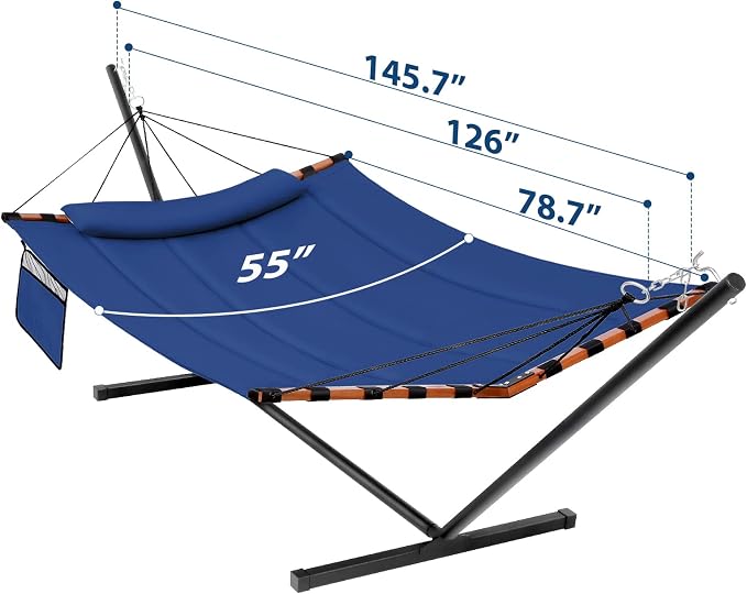 TegerDeger 12FT 2 Person Hammock with Stand Included 55 x 79IN Large Hammock 450LB Capacity with Hardwood Spreader Bar & Nylon Rope for Outside, Patio, Garden, Backyard, Beach - Deep Blue