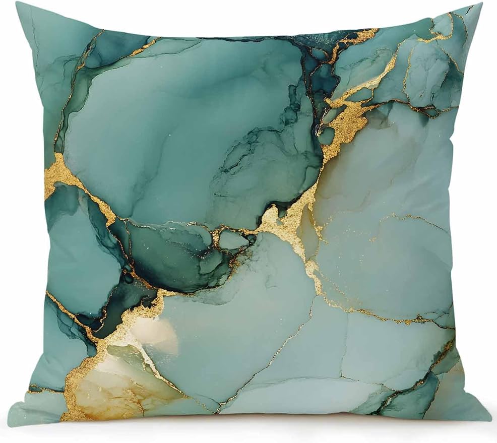 1 Pack Outdoor Throw Pillow, Teal Ombre Marble Waterproof Pillow with Insert Included, Modern Ink Painting Abstract Decorative Accent Cushion Sofa Pillows for Patio Porch, 16 x 16 in