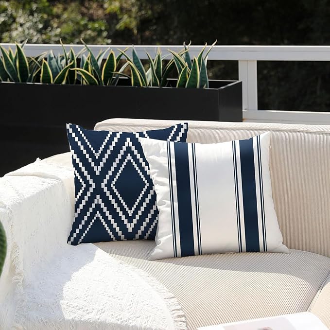 DFXSZ Outdoor Navy Blue Waterproof Geometry Pillow Covers 18x18 Set of 4 | Spring Summer Waterproof Modern Throw Pillowcases（No Inserts） Outdoor Decor for Patio Funiture Garden Polyester Covers