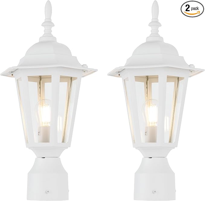 Outdoor Post Light, Rustproof Aluminum Pole Lamp, White | Exterior Lamp Post Light Fixture for Garden, Yard, Pathway, Waterproof, Glass, E26 Base, Max 60W, 2 Pack
