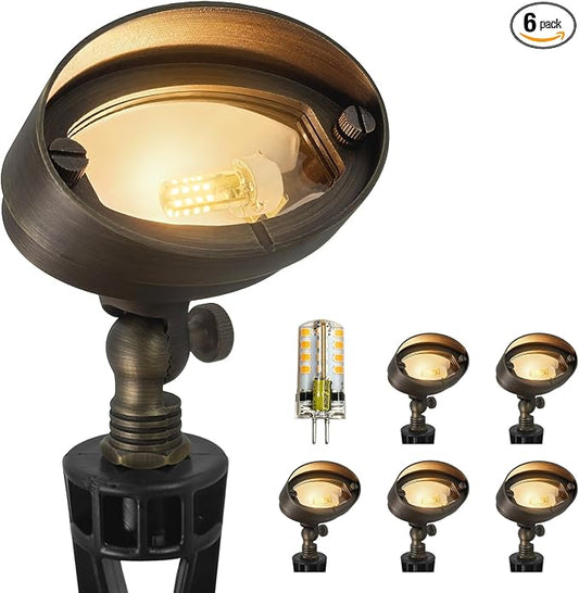 COLOER Die-cast Brass LED Landscape Flood Lights Outdoor 6-Pack with Bulb, 3W 9-17 Volt Low Voltage Wall Wash Lighting, Outdoor Floodlight for Illuminating Signs, Walls and Plant Material(501B)