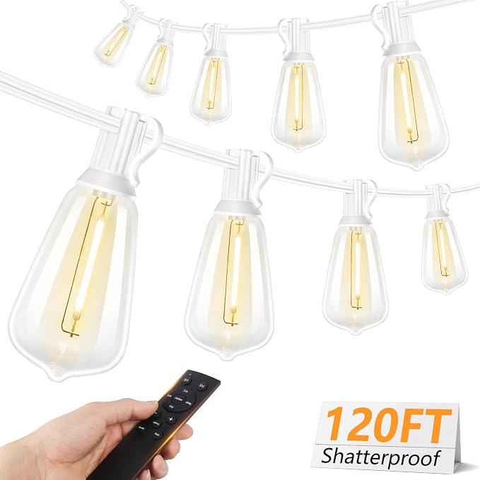 120FT LED Outdoor String Lights with Remote, Patio Lights Outdoor Waterproof with 38 Shatterproof Edison Bulbs, Dimmable Outside Hanging Light for Birthday, Party, Christmas Decor, White