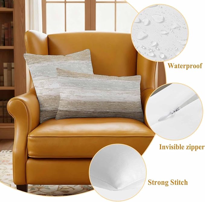Brown Gray Outdoor Pillow Covers 20"x20" Set of 2, White Gradient Rustic Striped Minimalist Country Waterproof Throw Pillow Covers for Patio Furniture, Decorative Cushion Covers for Porch