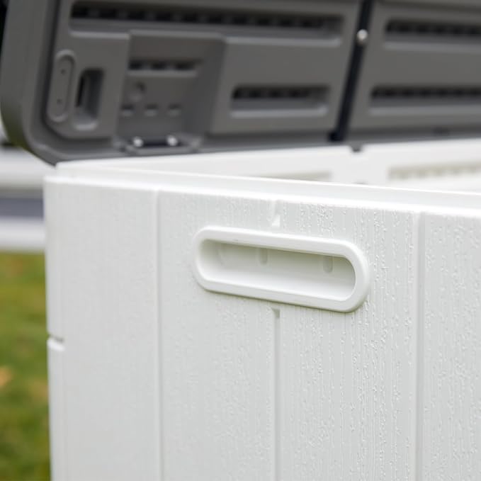 Mrosaa 110 Gallon Deck Box Waterproof,Double-Wall Resin Outdoor Storage Boxes, Deck Storage for boat slip storage,Cushions, Pool Float, Garden Tools,Patio Furniture, Lockable (OFF-WHITE)