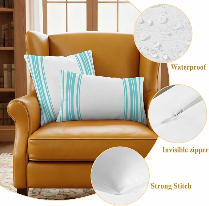 Outdoor Waterproof Throw Pillow Covers Set of 2 Turquoise Stripes Pillowcases 26x26 Inches White Vertical Striped Decorative Pillows Cushion Case Patio Pillows for Couch Bed Chair Garden