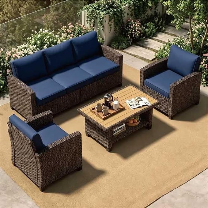4 Piece Outdoor Patio Furniture Set Brown Rattan Sofa Seating All-Weather PE Wicker Conversation Set with Cushions and Coffee Table for Garden