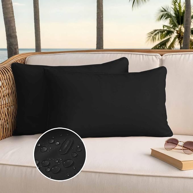 Lumbar Pillow Covers 20x12 Inch Set of 2, Black Pure Color Waterproof Outdoor Pillow Covers, Aesthetics Contemporary Luxury Decorative Cushion Pillowcases for Couch, Sofa, Bed, Garden, Patio