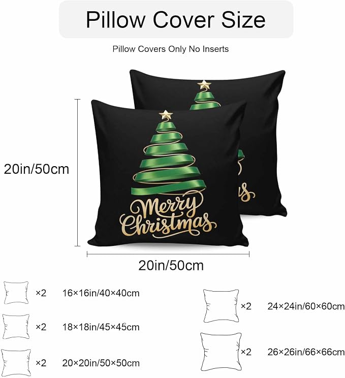 Black Christmas Tree Outdoor Pillow Covers 20 x 20 Inches, Green Xmas Tree with Star Waterproof Throw Pillow Cover Set of 2, Christmas Black Decorative Square Cushion Covers for Patio/Couch