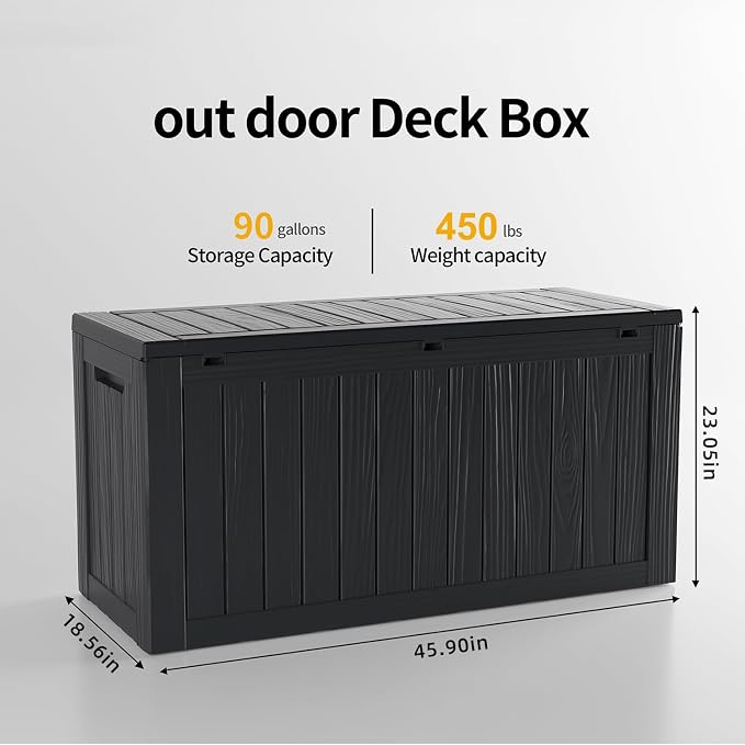 Deck Box Large Outdoor Storage for Patio Furniture,Outdoor Cushions,Garden Tools and Pool Supplies,Waterproof,Resin,Lockable (Black, 90 Gallon)