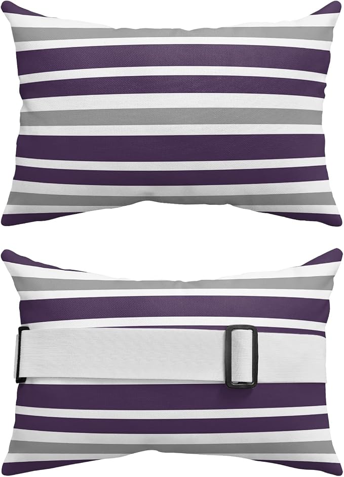 T&H XHome Outdoor Pillow for Chaise Lounge Chair, Dark Purple Gray White Stripe Waterproof Headrest Pillow Lumbar Pillows with Adjustable Elastic Strap for Beach, Poolside, Patio, Office (2 Pack)