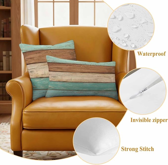 Farmhouse Teal Blue Brown Outdoor Waterproof Pillow Covers, Vintage Wooden Striped Decorative Rectangle Throw Pillowcase Sofa Cushion Sham for Patio/Couch/Chair, 20"x12" 2 Pack