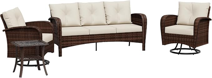 4 Pieces Patio Set, 73" Rattan Loveseat Sofa, Coffee Table, Wicker Swivel Glider Chairs, Cushion with Water Resistant Cover, Outdoor Conversation Furniture, Couch for Yard, Lawn (Beige)