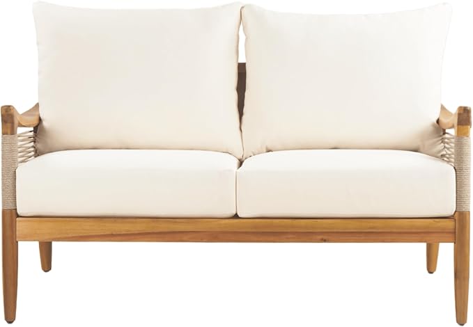 Christopher Knight Home Heidi Acacia Wood 5 Piece Patio Furniture Set 7-Seater Outdoor Loveseat, 3-Seater Sofa, Club Chairs and Coffee Table, Patio Conversation Set With Woven Rope Accents, Teak+Beige