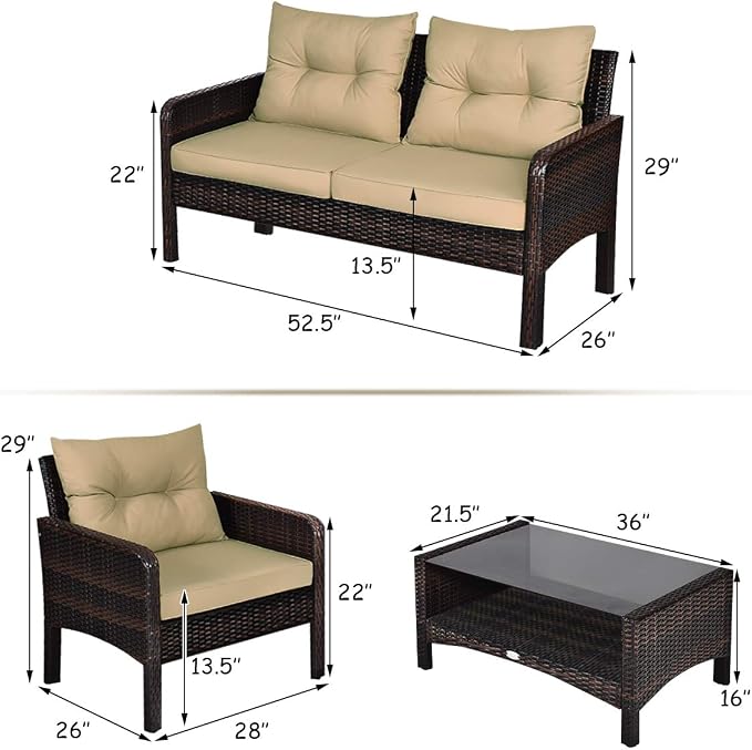 Tangkula 4 Piece Patio Furniture Set, Outdoor Wicker Conversation Set with Glass Top Coffee Table, All Weather Proof and Thick Cushions, Suitable for Porch, Garden, Poolside and Lawn (Brown)