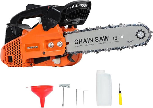 Gas Chainsaw, 12 Inch Top Handle Chainsaw, 25.4CC 2-Cycle Handheld Cordless Petrol Portable Gas Powered Chain Saw for Tree Wood Cutting Orange