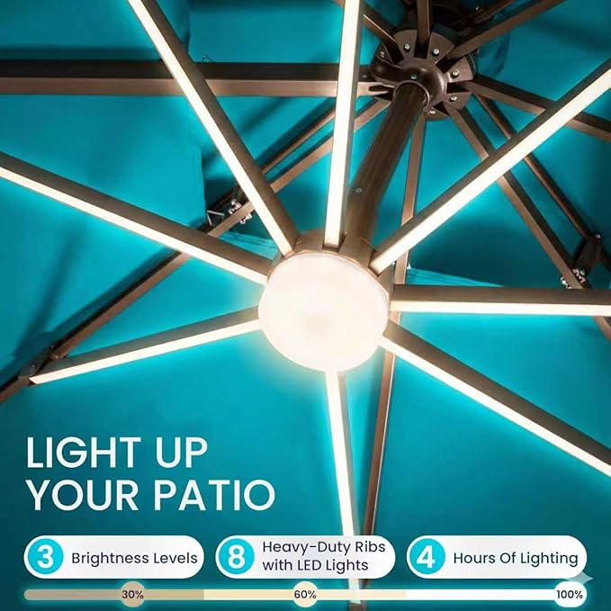 10x10 FT Cantilever Patio Umbrella with Led Lights Double Top Outdoor Square Large Heavy Duty Aluminum Offset Umbrellas with 7 Level Tilt 360-degree Rotation for Pool Garden Deck, Turquoise