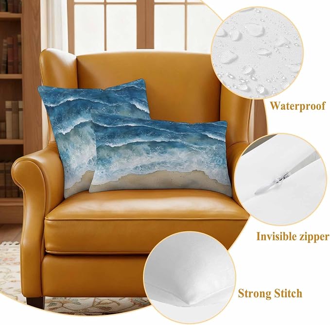 Abstract Waves Outdoor Waterproof Throw Pillow Covers Set of 2, 20"x12", Blue Ocean Spray Beach Watercolor Decorative Pillow Covers Outside Cushion Case for Patio Porch Garden