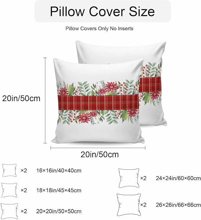 Christmas Outdoor Pillow Covers Waterproof, All Weather Cushion Case Set of 2, Red Plaid Poinsettia Berry Xmas Botanical Decorative Pillowcases for Sofa Couch Bed Decor Patio Furniture 24"x24"