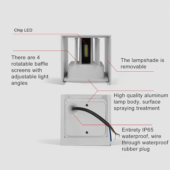 2 PCS 12W Outdoor Sconces Wall Lights LED Exterior/Interior Up and Down Lights IP65 Waterproof Modern Outdoor Lighting Fixtures Square Aluminum Exterior Wall Mount Light White 4000K Natural Lights