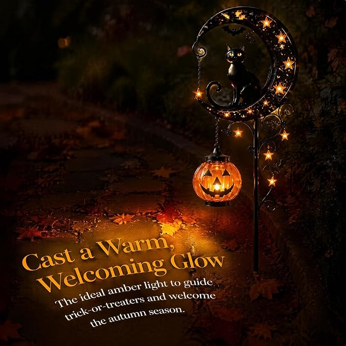 Solar Halloween Black Cat & Pumpkin Moon Garden Stake Light, Outdoor Waterproof LED Yard Decoration with Crescent Moon, Hanging Jack-o'-Lantern Lantern for Garden, Patio, Walkway, Porch (Style A B)