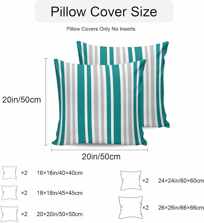 Teal Grey Stripe Outdoor Pillow Covers 18x18 Inch Throw Pillow Covers Set of 2 Waterproof Decorative Pillow Cases Farmhouse Minimalist Striped Cushion Covers for Patio Furniture Garden Couch Sofa