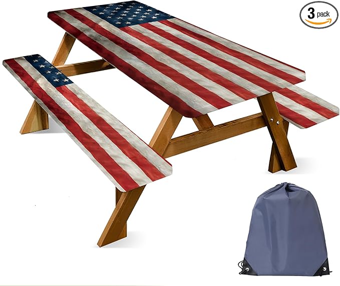 ANNA QUEEN Patriotic American Flag 6FT Picnic Table Cover with Bench Covers Set of 3 with Drawstring Bag, USA Flag 72"x30" Waterproof Picnic Tablecloth & Bench Covers for Outdoor BBQ