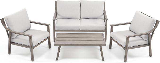 HAPPATIO 4-Piece Patio Furniture Set - Outdoor Aluminum Patio Conversation Set Includes 1 Loveseat, 2 Armchairs, and 1 Coffee Table, Perfect for Porch, Deck, Garden, (Grey)