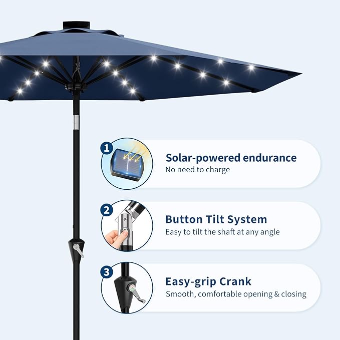 Garvee 9/10 FT Solar Patio Umbrella with 32 LED Lights - Outdoor Table Umbrella with Crank Lift, Push Button Tilt and 8 Sturdy Ribs - Market Umbrella UV Protection for Pool, Deck, Yard, Garden