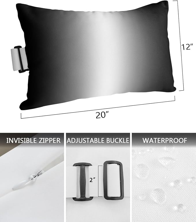 Pack of 2 Outdoor Lumbar Pillow Covers 12x20 Inch, Black Grey Ombre Waterproof Throw Pillow Covers Set, Aesthetics Modern Abstract Art Gradient Decorative Cushion Cases for Patio Porch Car