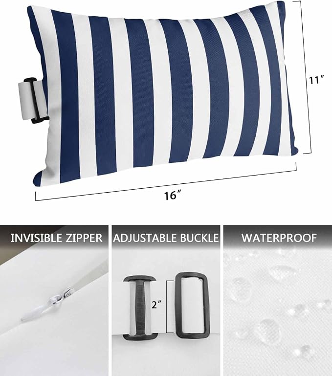 DecorLovee Navy Blue Striped Outdoor Recliner Pillows for Head, Farmhouse Waterproof Chair Pillow with Elastic Stripe, Blue White Stripes Chaise Lounge Headrest Pillow for Patio/Pool 2Pack, 11"x16"
