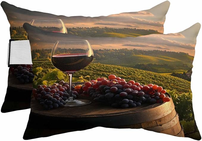 Outdoor Chair Pillow Headrest for Patio Pool Chaise Lounge, Country Recliner Head Pillow, Grapes Casks Wine Farmhouse Waterproof Pillowcases Adjustable Neck Lumbar Pillows & Insert 12x20x2pcs