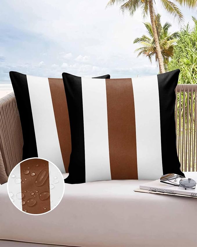 Outdoor Waterproof Throw Pillow Covers Set of 2 Boho Stripe Pillowcases 18x18 Inches Bohemian Brown Black White Patio Decorative Pillows Cushion Case Patio Pillows for Couch Bed Chair Garden