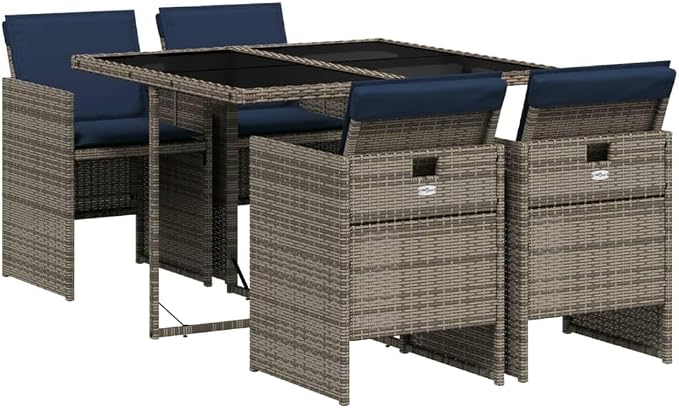 5 Piece Garden Dining Set with Cushions Grey Poly Rattan Outdoor Patio Furniture Space Saving Foldable Chairs Tempered Glass Table for Backyard Deck Al Fresco Dining
