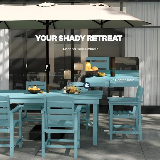 Outdoor HDPE Dining Set 7 Pieces, Patio Table with Umbrella Hole and 6 Chairs, All Weather Patio Furniture for Lawn, Garden, Backyard, Deck, Poolside, Outdoor Dining Table and Chairs, Aruba Blue