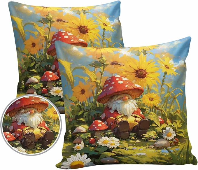 Outdoor Waterproof Throw Pillow Covers 24x24in, Fall Gnome Mushrooms Cushions for Garden Patio Furniture Chairs Set of 2, Sunflowers Floral Home Decor Couch Sofa Polyester Pillow Cases
