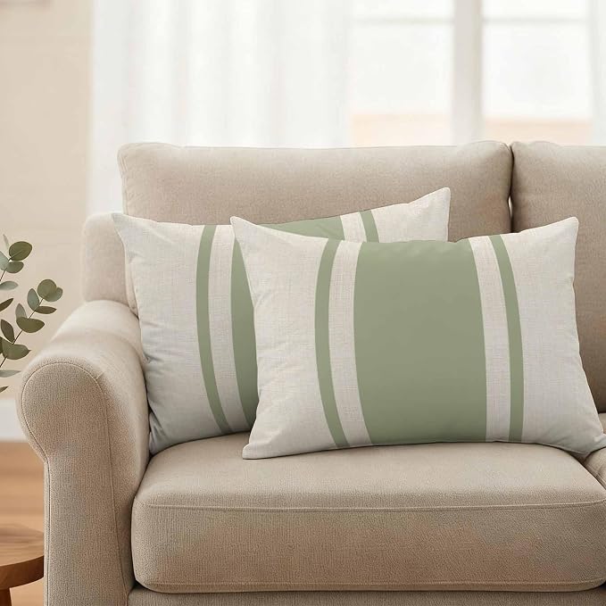 Abstract Gray Green Color Block Outdoor Pillow Covers Set of 2 Vintage Lines Linen Texture Waterproof Throw Pillow Cover Decorative Cushion Cases for Patio Porch Garden 20X12 Inch