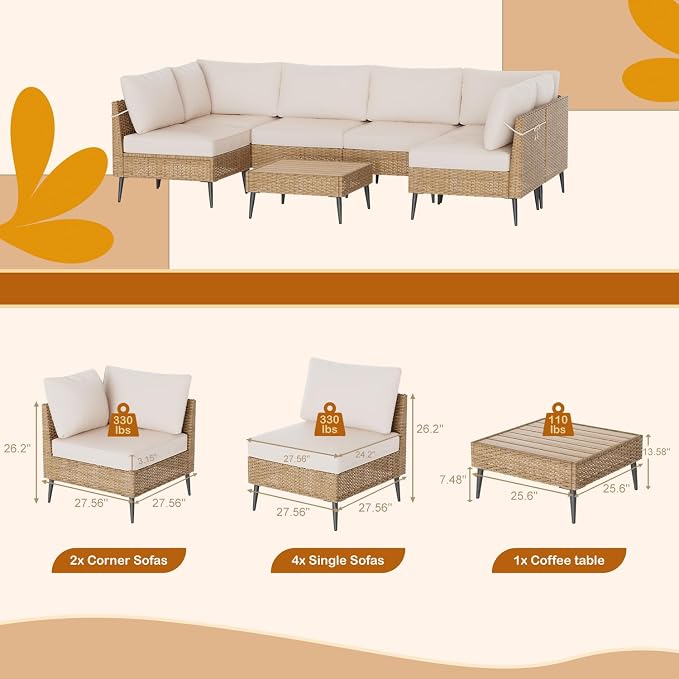 7-Piece Patio Furniture Set,Outdoor Wicker Patio Conversation Set | Waterproof Cushion, For Garden, Balcony, Porch & Courtyard, Modular Conversation Set Sectional Sofa, Coffee Table