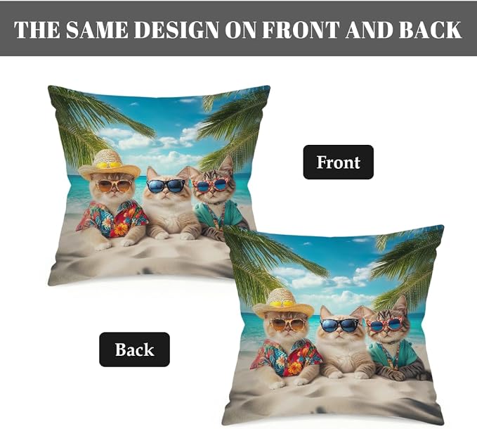 16x16 Inch Outdoor Pillow Covers Set of 2 Waterproof Throw Pillow Covers Decorative Couch Cushion Covers Beach Cats Sea Square Pillowcases Protectors for Patio Garden Sofa