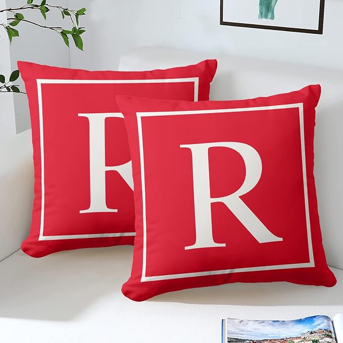 Monogram Initial Red White Outdoor Pillow Covers 16 x 16inches Decorative Pillow Case for Sofa Couch Bed (Pillow Insert Not Include)