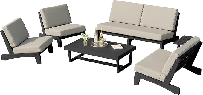 6 Piece Teak Outdoor Patio Frutnire Set, 7 Seater Patio Conversation Sets with Thick Cushions, Outdoor Sectional Furniture with Coffee Table - Light Camel