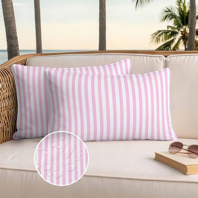 Lumbar Pillow Covers 20x12 Inch Set of 2, Pink White Stripe Waterproof Outdoor Cushion Covers, Modern Minimalist Geometric Striped Decorative Pillowcases for Couch, Sofa, Bed, Garden, Patio